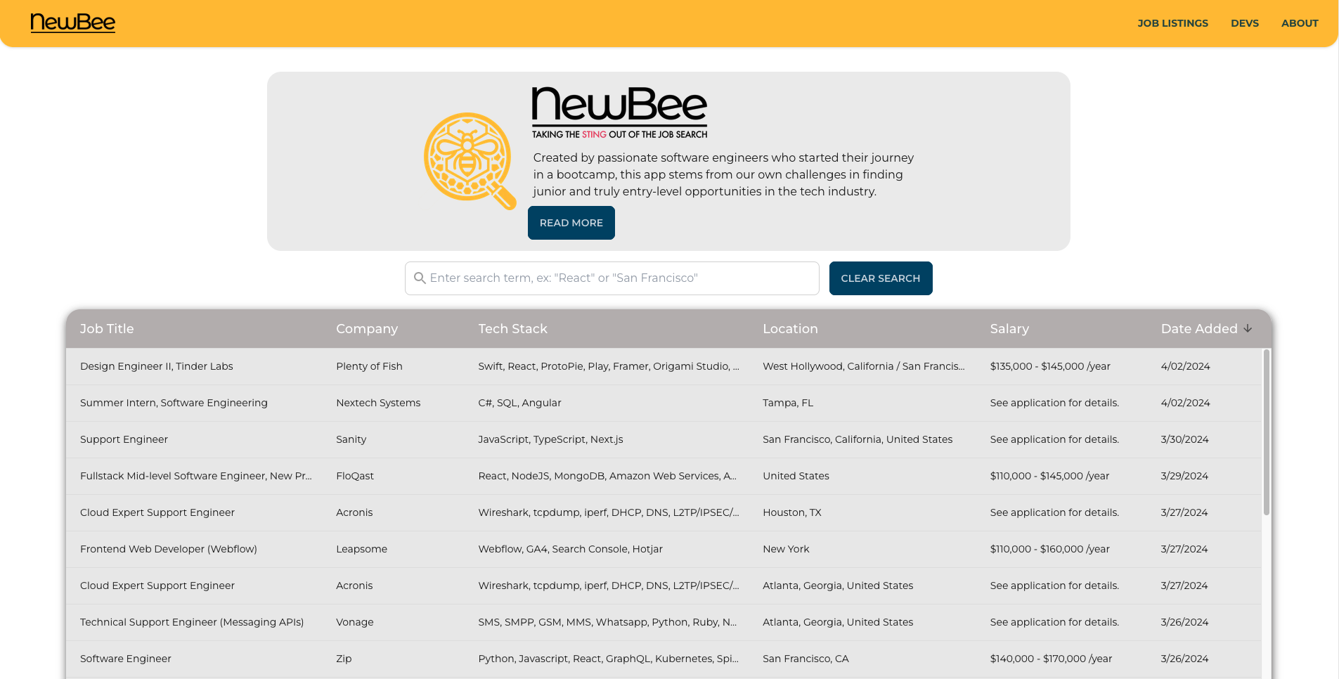 Screen grab of NewBee-Careers Homepage